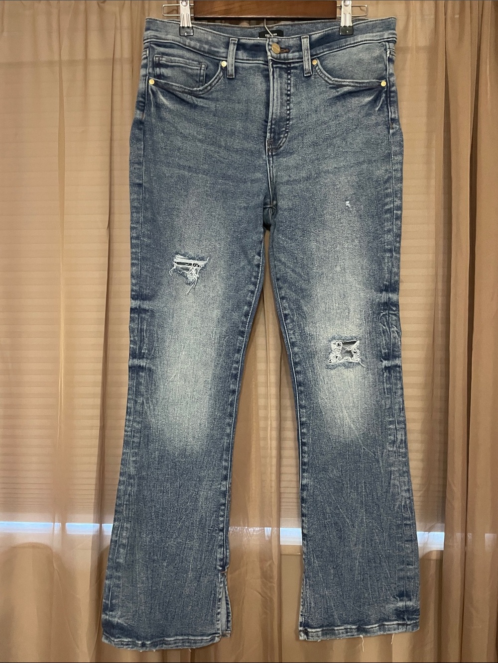 Express Distressed Mid-Blue Flare Jeans